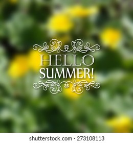 Hello Summer. Typographic design with text, filigree floral frame, shadow on blurred background for greeting card, poster. Vector illustration EPS 10.