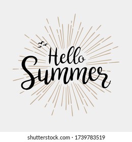 Hello summer, typographic inscription on vintage monochrome sun background. Vector illustration