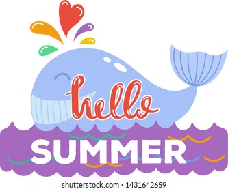 Hello Summer typographic logo sign on withe background. Sea plants, sun, beach sea and travel vector illustration. Holliday i love summer logo icons sun and fun rest