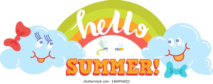 Hello Summer typographic logo sign on withe background. Sea plants, sun, beach sea and travel vector illustration. Holliday i love summer logo icons sun and fun rest