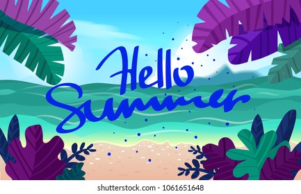 Hello summer typographic on the beach. Palms and tropical plants, beach. Summer relaxation, vacation on sea coast, cartoon vector illustration. 
