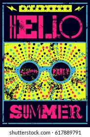 Hello Summer! Typographic Summer Party grunge retro poster design. Vector illustration.