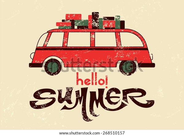 Hello summer! Typographic retro grunge\
poster with travel bus. Vector\
illustration.