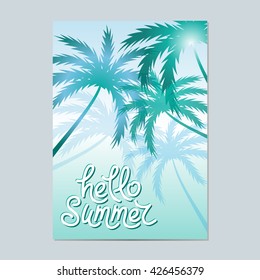 Hello Summer. Typographic sea background with palm trees. Layout in A3 size.