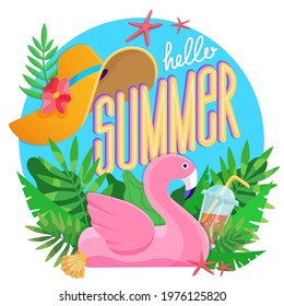 Hello Summer typographic, tropical leaves, beach wide-brimmed hat, pink flamingo, cold cocktail