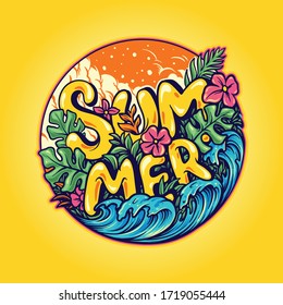 Hello Summer typographic  Tropical plants, flower, beach background for your work Logo merchandise t-shirt, stickers and Label, poster, greeting cards advertising business company or brands.