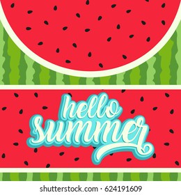 Hello summer typographic vector illustration  with watermelon background skin and seed
