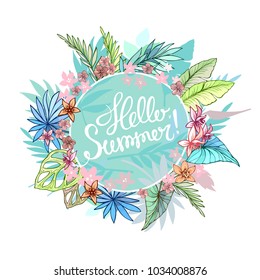 Hello Summer typographical background with tropical plants