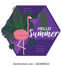 Hello Summer typographical background with tropical plants