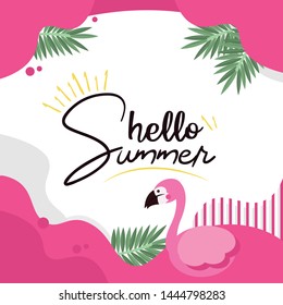 Hello Summer typographical background with tropical plants and flamingo illustration