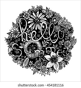 Hello Summer. Typography background. bags, poster, flyer, cover, brochure. Flower design 