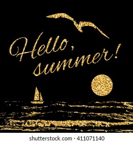 Hello summer Typography background. Fashion stylish gold print t shirt, wear. Tropical beach logo. Waves, seagull and sun, sail,. Vacation travel. Design apparel, card and poster. Vector illustration