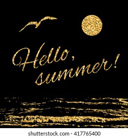 Hello summer Typography background. Fashion stylish gold print for t shirt, sports wear. Tropical beach logo. Waves, seagull, sun. Vacation and travel. Design apparel, card, poster Vector illustration