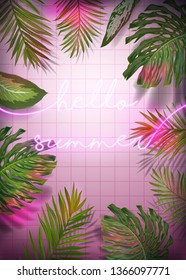 Hello Summer Typography Banner with Palm Leaves. Summer Neon Signboard Background. Tropical Illuminated Poster with Exotic Plants for Advertising. Vector illustration