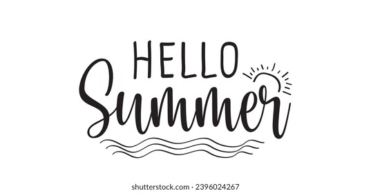 Hello Summer Typography illustration of an illustration of a silhouette white background