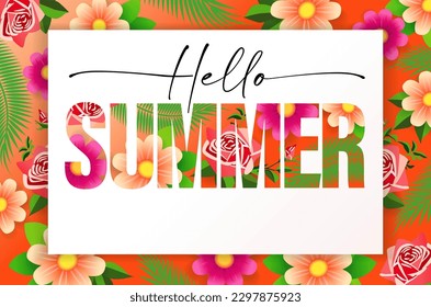 Hello Summer typography with palm leaves and flowers. Discount poster design for advertisement of the summer sale of clothing collection. Vector illustration
