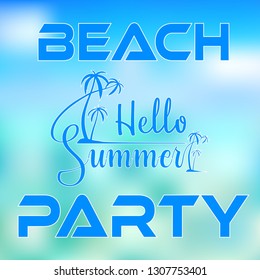 Hello Summer typography with palm trees on island and blurred sea colored background for poster or flyer design