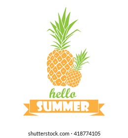 Hello summer - typography poster with hand drawn pineapples.