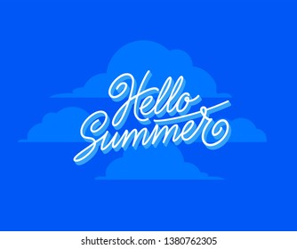 Hello summer typography poster. One line handwritten font and script lettering on blue sky clouds background. Summer vector illustration. Vacation and traveling  concept. Minimalism. 