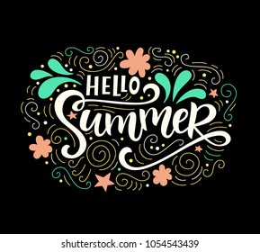 Hello Summer typography poster, print. Modern calligraphy quote. Seasonal inspirational hand written lettering and doodle background. Retro vintage style. Vector illustration