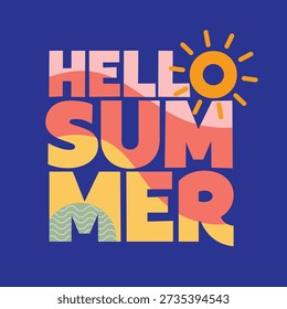 Hello Summer Typography Poster with Sun and Retro Bold Lettering on Vibrant Blue Background. Modern Summer Sale Banner for Tropical Beach Vacation, Seasonal Marketing and T-shirt Design. Summer text.