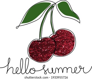 Hello Summer typography slogan with cute cherry in abstract glitter texture. Minimalist art.