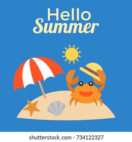 Hello summer typography for use as poster or greeting card with crab, starfish, seashell, beach umbrella on island and sun, flat design