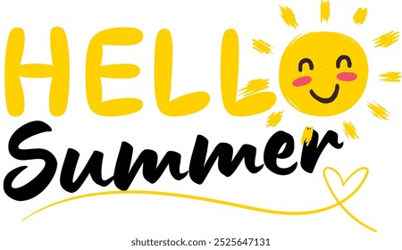 hello summer typography vector illustration with a sun icon on white background.