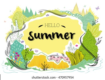 Hello summer typography vector landscape illustration