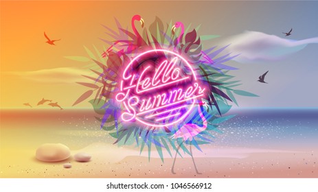 Hello summer Ultra Violet neon style. Retro style pop disco design. Fashion beach party, vector background vintage style. Disco 1980 dance club. Eighties video and music mix. Chill out Vacation. 