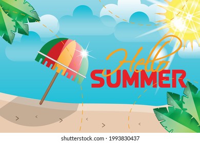 hello summer umbrella wth sunshine editable background victor template