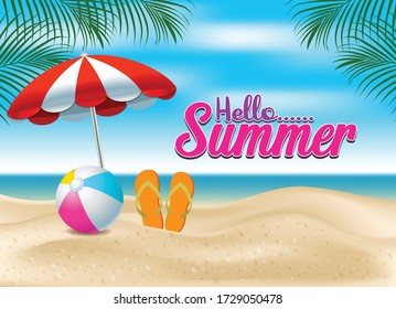 hello summer. umbrellas and balls that are on the beach in summer with the background of the ocean. the creative concept of a summer celebration banner design. realistic design style. vector design