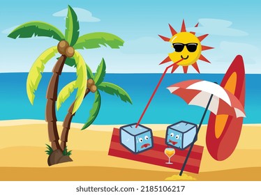 hola verano. sombrillas y hielo que se encuentran en la playa en verano con el fondo del océano. el concepto creativo de un diseño de banner de celebración de verano. diseño realista. diseño vectorial
