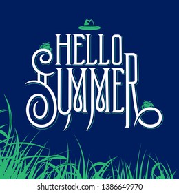 Hello Summer unique lettering sign in retro style with grass, frog and hat