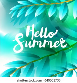Hello Summer. Unique quote hand drawn with watercolor floral background. It can be used for t-shirt print, bags, poster. Vector Illustration