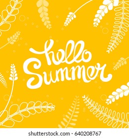 Hello Summer. Unique quote on background, hand drawn with brush. It can be used for t-shirt print, bags, poster. Vector Illustration