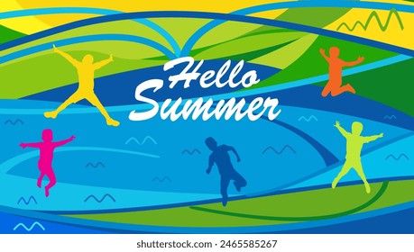 Hello Summer vacation abstract colorful background for kids camp festival event joyful swimming competition pool, sea beach party, soccer sports game brochure cover, modern design vector template sign