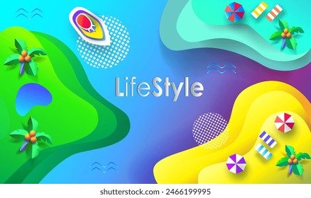 Hello Summer vacation abstract colorful background for kids camp festival event travel family hotel swimming pool sport games brochure cover, modern design top view 2024 leisure tropical palm islands