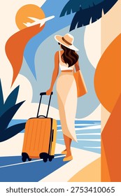 Hello, summer. Summer vacation. Abstract vector banner, woman in hat with suitcase strolling along the beach against backdrop of an airplane in sky. For travel, hotels, vacation, tourism advertising