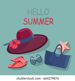 Hello Summer vacation banner with sun hat, glasses, bag and slippers ready for beach season. Vector vacation theme for design card, invitation.