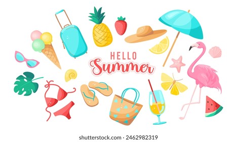 Hello summer, summer vacation, beach party. Summertime. Set for banner, poster, card, scrapbooking, tag, invitation, sticker. Vector illustration isolated on white