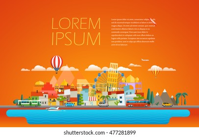 Hello summer vacation concept. Cityscape Vector illustration 