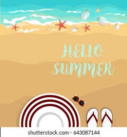 Hello Summer. Vacation hat sunglasses shoes on sand beach. Sea waves shells. Flat vector illustration. Top view