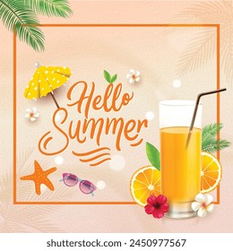 Hello Summer Vacation orange juice with sand background