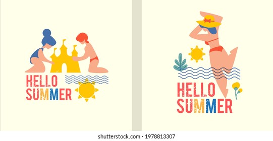 Hello, Summer! Summer vacation poster template set with silk-screen effect. Serigraphy design.