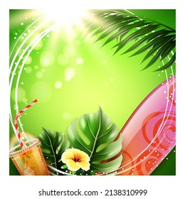 Hello Summer Vacation Promotion Poster Vector. Summer Seasonal Flower And Tropical Tree Palm Branch, Surfer Board And Exotic Cocktail Drink On Advertising Banner. Style Concept Template Illustration