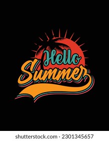 Hello Summer Vacation Sunset T-shirt, Retro Vintage Style Palm Tree Vector Outdoors Design Template
