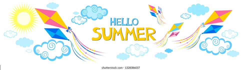 Hello Summer. Vacation time. Kite  pattern. Summer children's background, texture. Game backdrop. Horizontal banner. Greeting, invitation card or flyer. Vector illustration