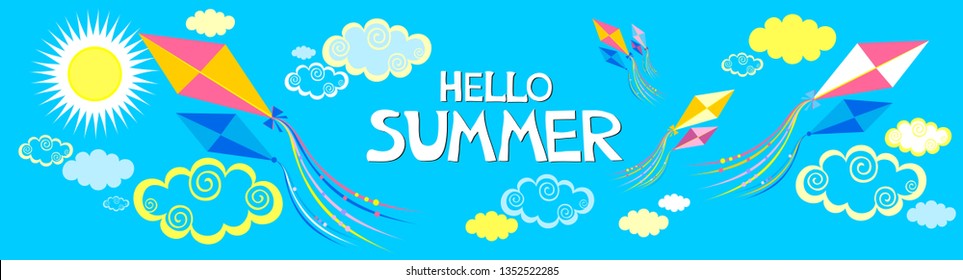 Hello Summer. Vacation time. Kite  pattern. Summer children's background, texture. Game backdrop. Horizontal banner. Greeting, invitation card or flyer.  Vector illustration