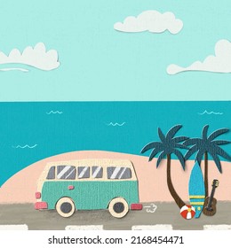 Hello Summer vacation time theme background. Paper cut texture style Vector EPS10 Illustration.